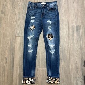 KanCan Blue Distressed Skinny Jeans with Leopard Details size 27